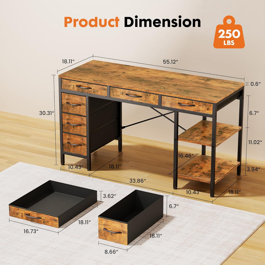 55" Computer Desk with 6 Drawers, Home Office Gaming Desks with Storage Shelves