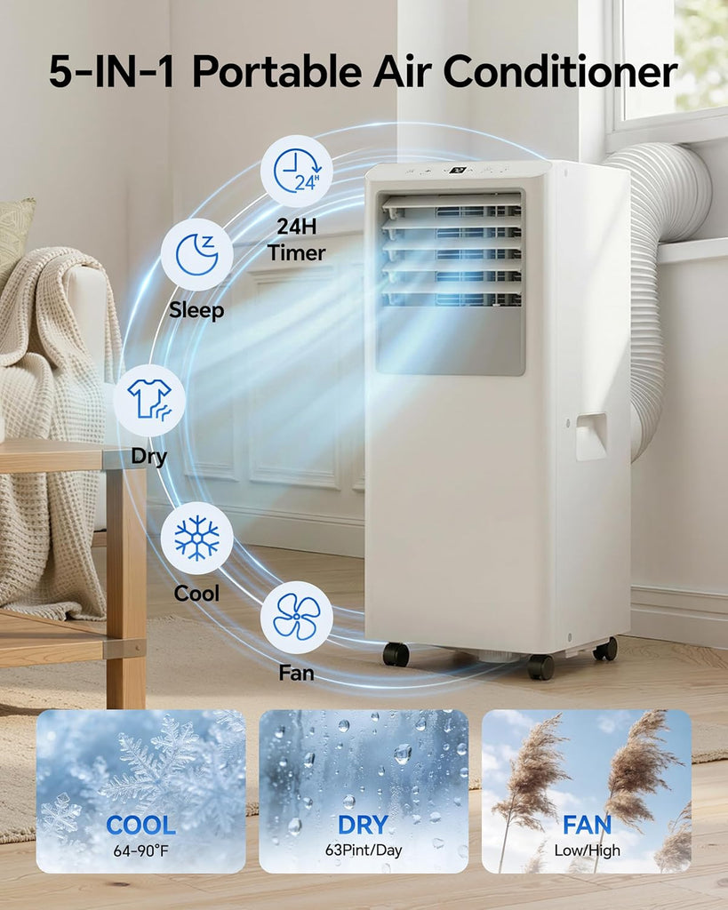 10,000 BTU Portable Air Conditioner - Cools Up to 450 Sq. Ft., 5-in-1 Portable AC Unit for Rooms with Remote Control
