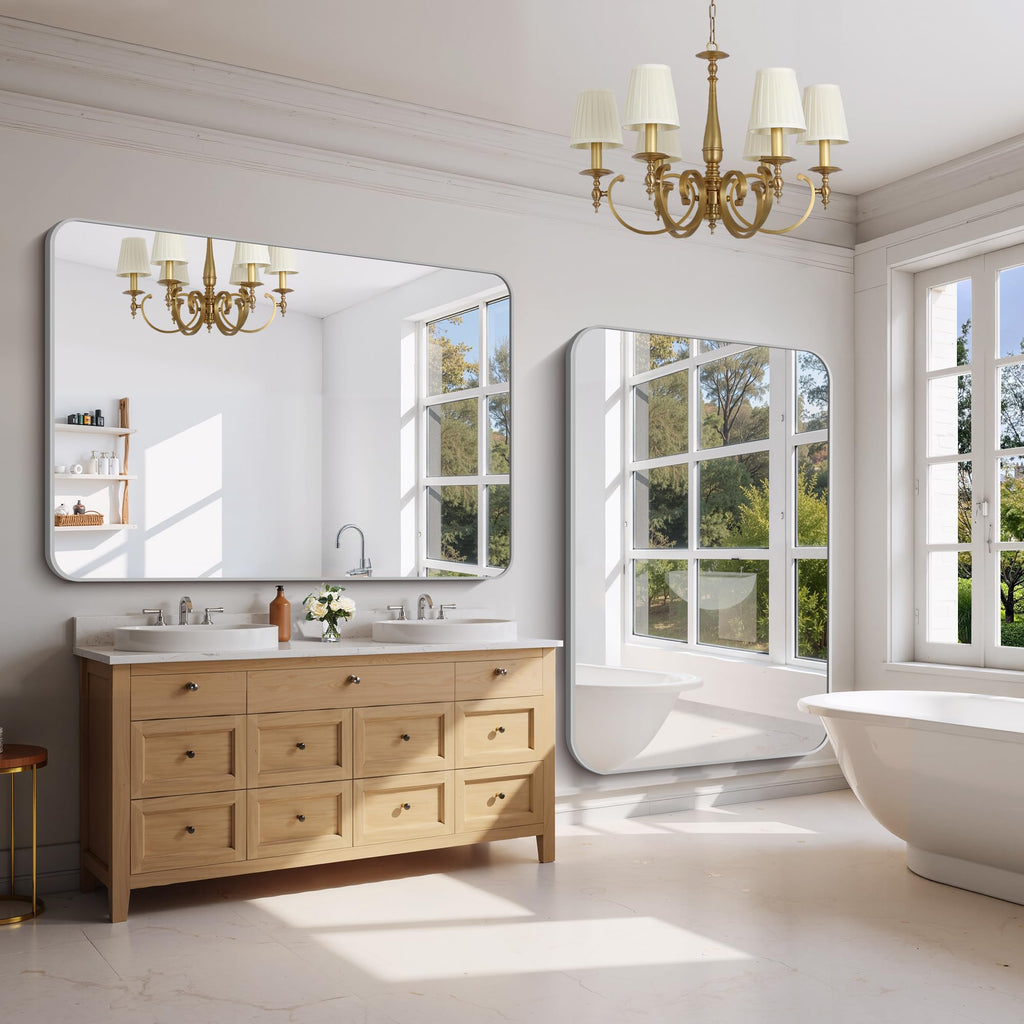 60x40 Inch Silver Bathroom Mirror for Over Sink, Large Rectangular Wall Mirror with Metal Frame, Rounded Corners