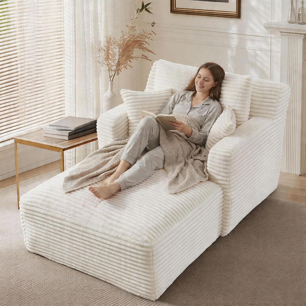 65.4" Boneless Chaise Lounge Chair Indoor, Comfy Beige Reading Chair | Corduroy Deep Seat Upholstered oversized