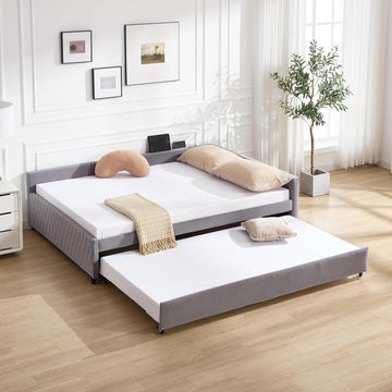 Full Size Daybed with Trundle,Velvet Upholstered Day Bed Frame Full with USB Port and Solid Wood Slat Support,L