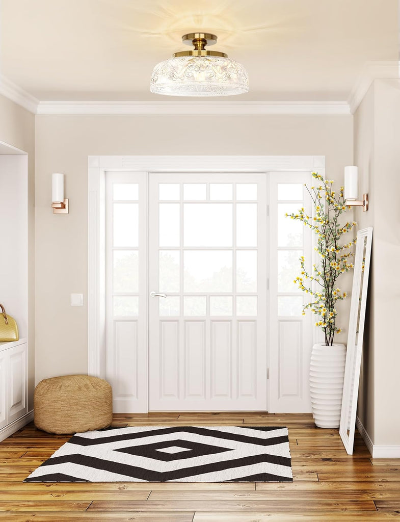 Semi Flush Mount Ceiling Light, 12 Inch Large Gold Ceiling Light Fixture, 3-Light Globe Glass Farmhouse Kitchen