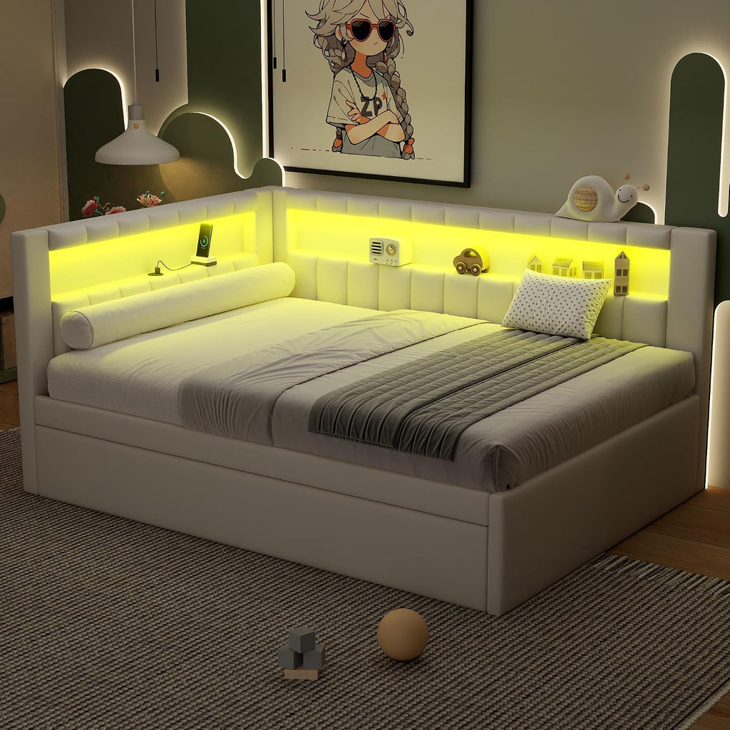 Full Upholstered Daybed with Trundle and USB/LED Belt, Corner Bed with Trundle, L-Shape daybed Living Room, Beige(Linen)
