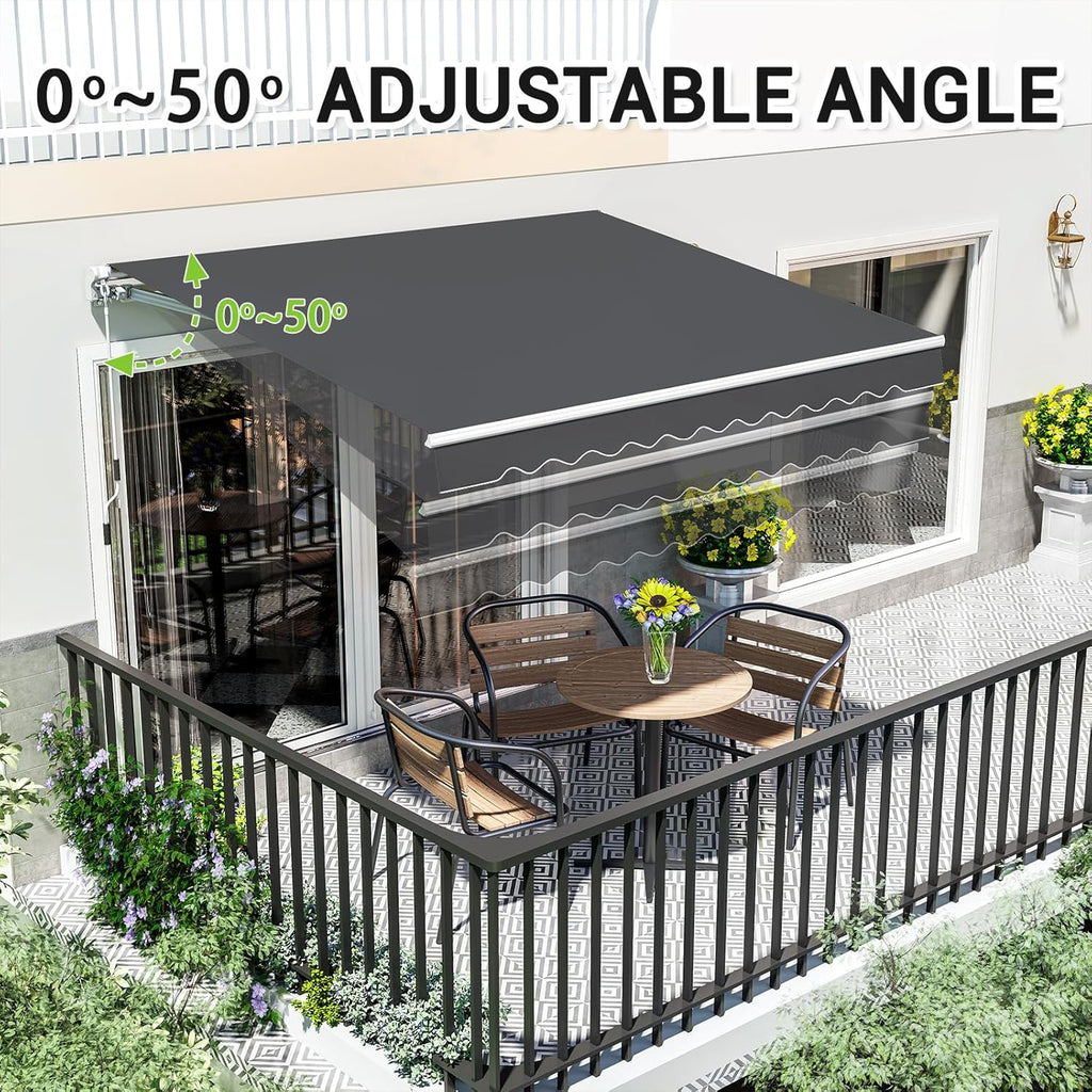 10'x8' Patio Manual Retractable Awning Fully Assembled, Dark Grey | Aluminum Frame, 280G Polyester, Water-Resistant