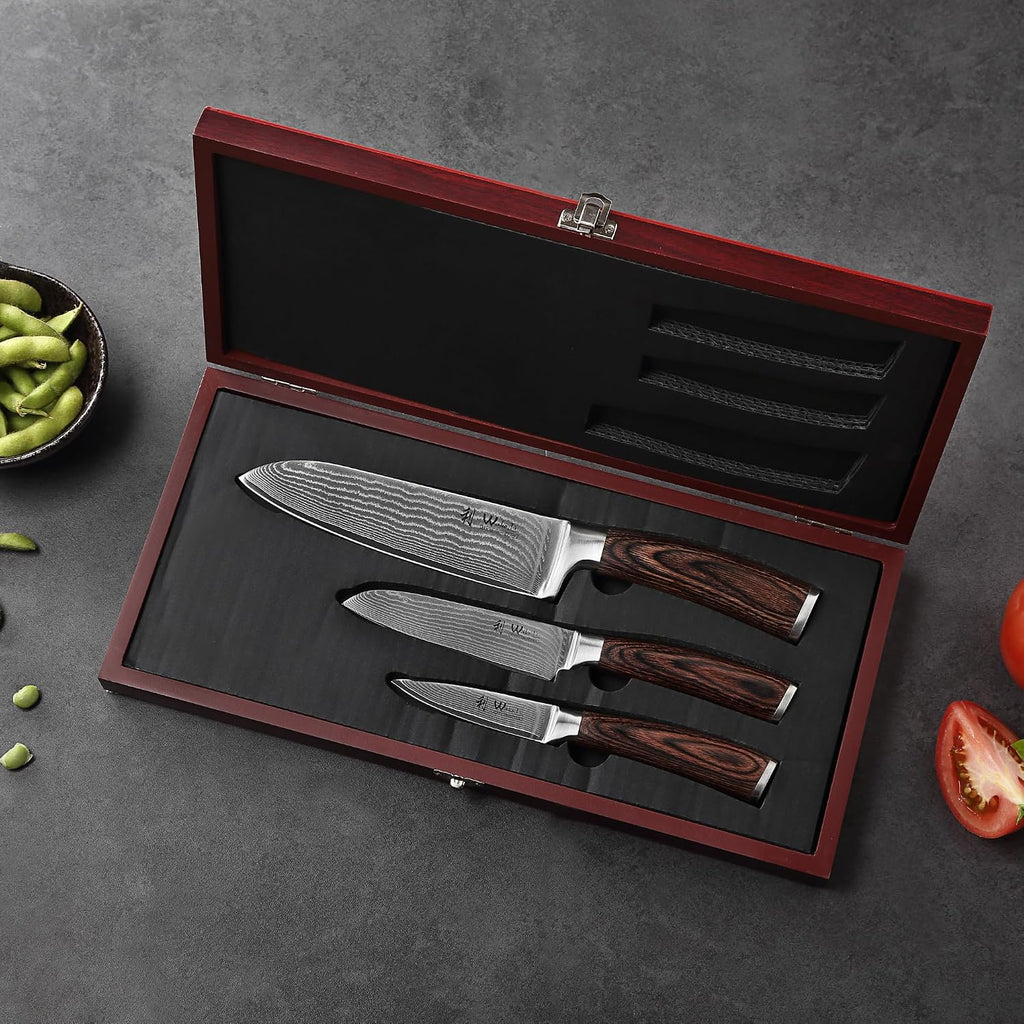 3-Piece Damascus Kitchen Knife Set in Wooden Gift Box | VG10 core, 67 layers genuine Damascus steel, 60 HRC, 7-inch