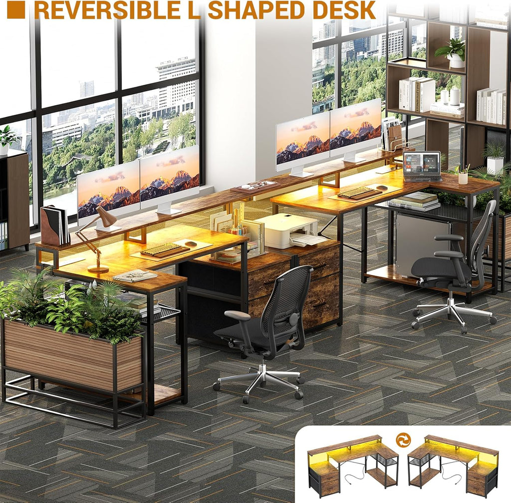 L Shaped Desk with File Drawer, Reversible L Shaped Computer Desk Gaming Desk with Power Outlet & LED Strip