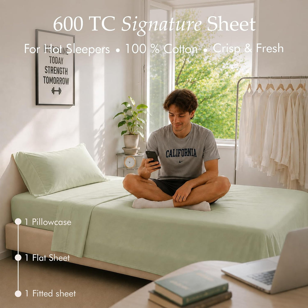 600 Thread Count Cotton Twin XL Sheet Set, Sateen, Sage Green