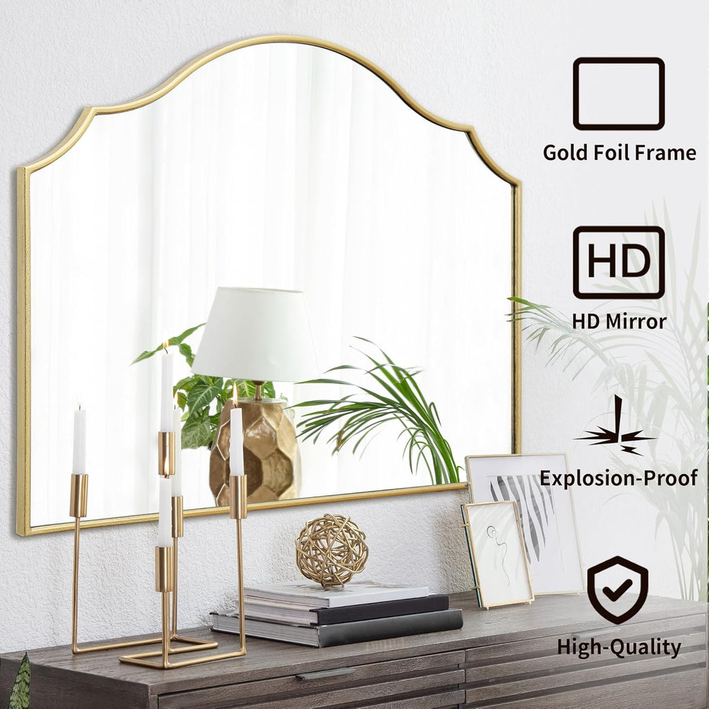 Gold Scalloped Wall Mirror: 40"x29" Large Modern Minimalist Bathroom Mirror - Decorative Vanity Arched Mirrors for