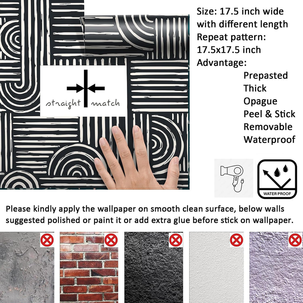 17.5x276 Mid Century Modern Wallpaper Geometric Black and White Peel and Stick Wall Paper with Designs Abstract