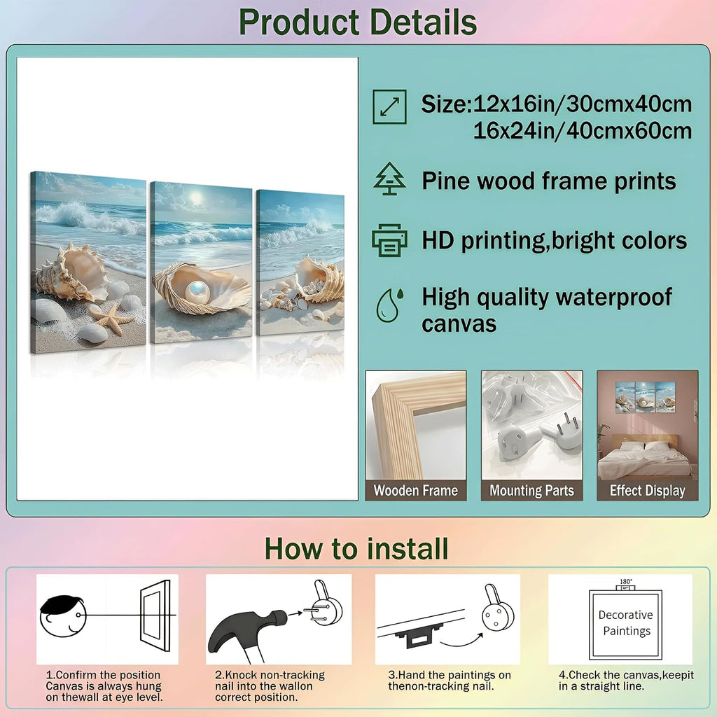 3Pcs Beach Themed Canvas Wall Art | Summer Beach Waves Pictures, Seashells Starfish and Pearl in Ocean Setting