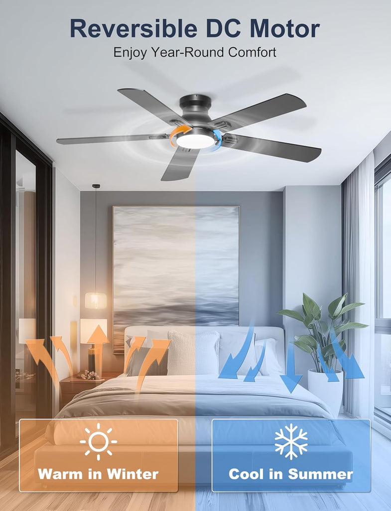 52'' Flush Mount Ceiling Fan with Lights, Space-Saving Low Profile for Low Ceilings, App/Remote Control