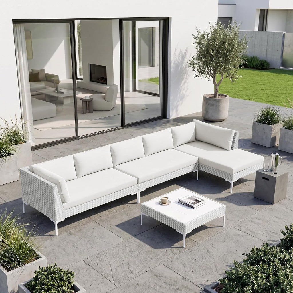 Luxury Patio Furniture Set 6 Seater Large Modular L-Shaped Outdoor Sectional with Thick Cushion & Deep Seat Oversized
