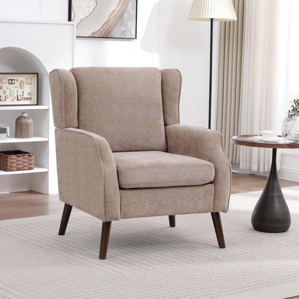 Accent Chair ,Mid Century Modern Wingback Chair ,Upholstered Armchair with Lounge Seat and Wood Legs Apartment Small
