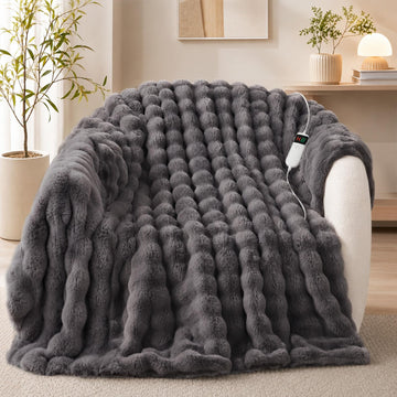 Heated Blanket Electric Faux Rabbit Fur Bubble Heating Blanket Throw Blanket 50"x60", 10 Heat Settings, 8 Hour Auto