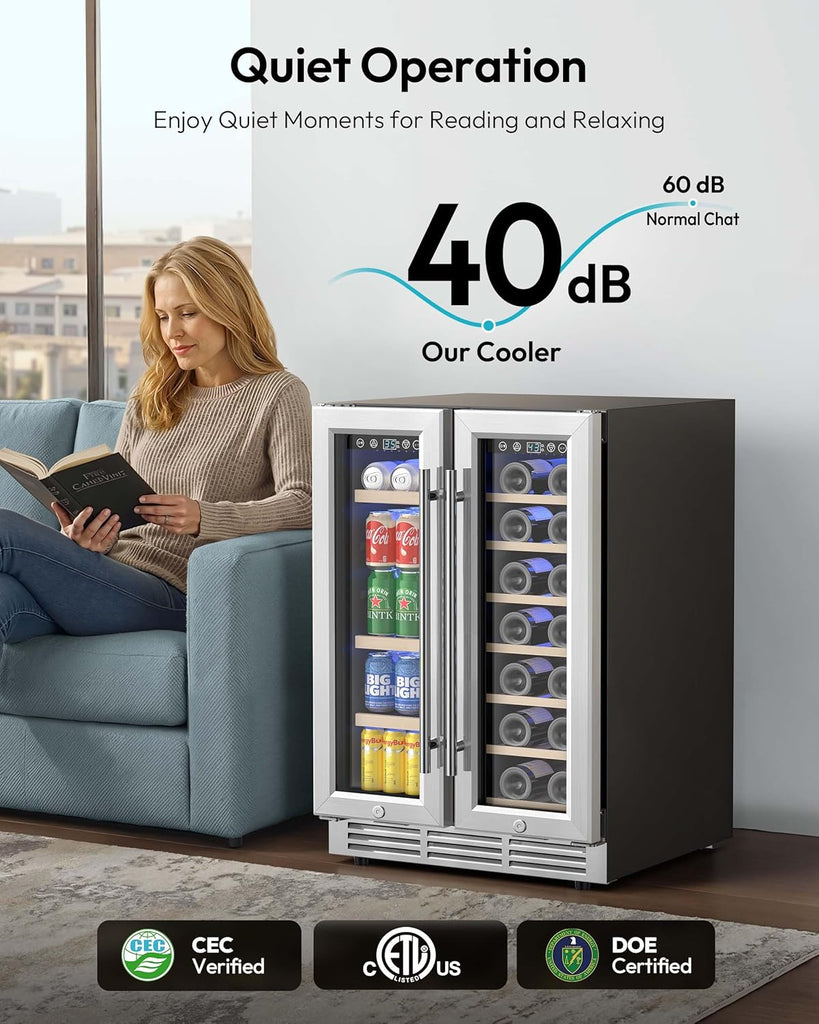 Wine and Beverage Refrigerator, 24 Inch Dual Zone Wine Cooler with Glass Door Ho