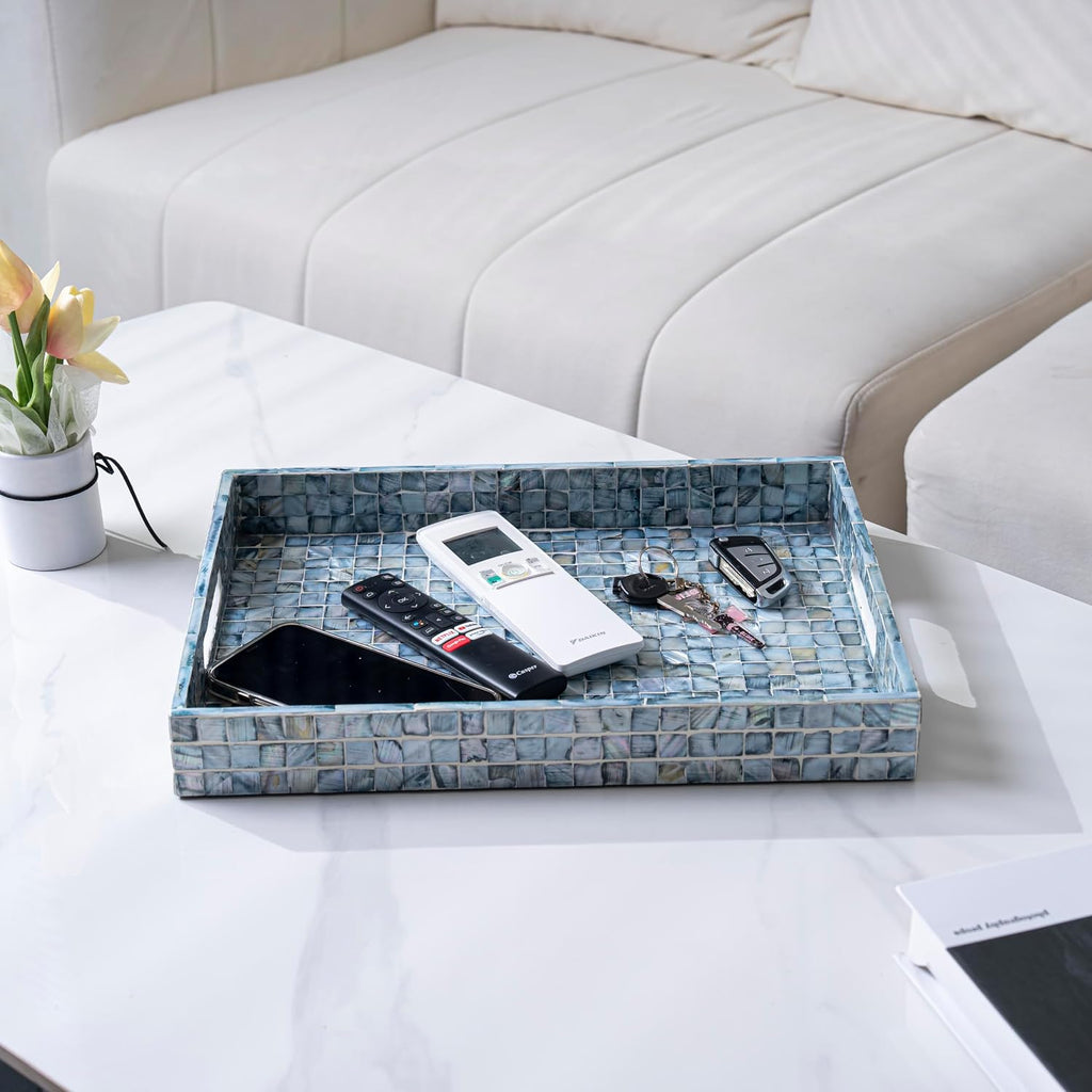 Rectangular Mother of Pearl Serving Tray Nacre Wood Lap Ottoman Tray for Coffee Table, Luxury Decorative Eating