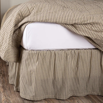 Sawyer Mill Ticking Striped Cotton Farmhouse Split Corners Gathered Queen Bed Skirt, 60x80x16, Charcoal Dark Creme