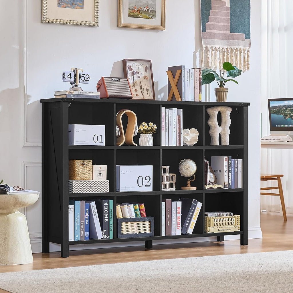 12 Cube Storage Organizer, Farmhouse 62 Inch Wide Black Oak Display Bookshelf, Wooden 3 Tier Large Open Book Shelf
