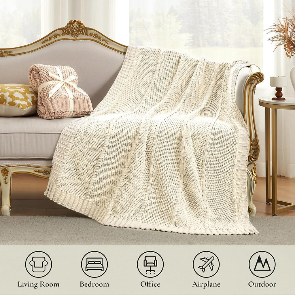 Knit Throw Blanket, Soft Chenille Cozy Breathable Chevron Chunky Decorative Blanket, French-Inspired Lightweight Warm