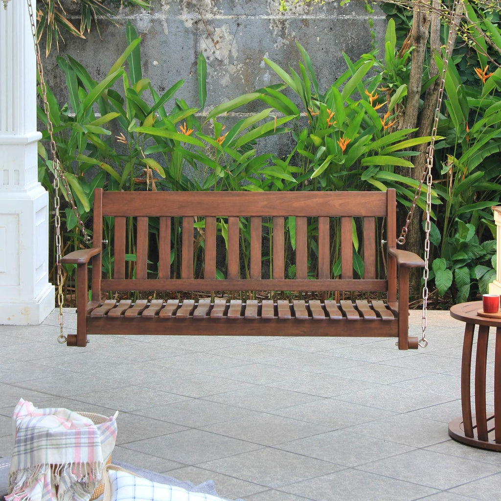 Bentley Solid Wood Mahogany Porch Swing, Natural Brown, Durable Weather-Resistant Outdoor Hanging Bench for Porch