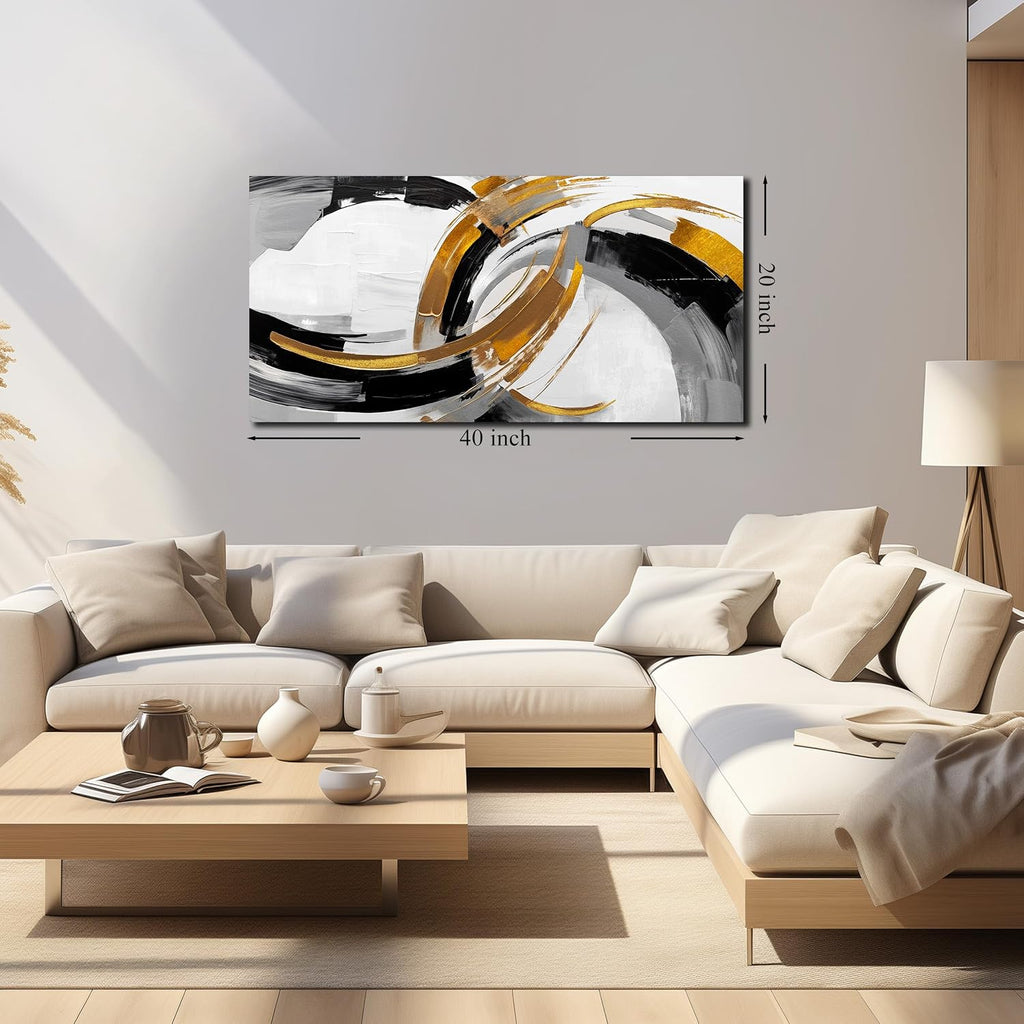 Large Abstract Canvas Wall Art Black White and Gold Minimalist Line Artwork Office