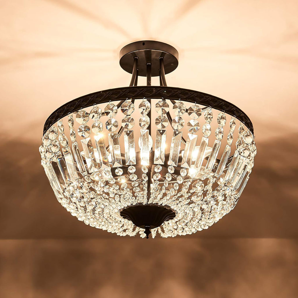 5-Light E12 Round Crystal Ceiling Light Fixture Modern Semi Flush Mount Chandelier Ceiling Lamp for Living Room