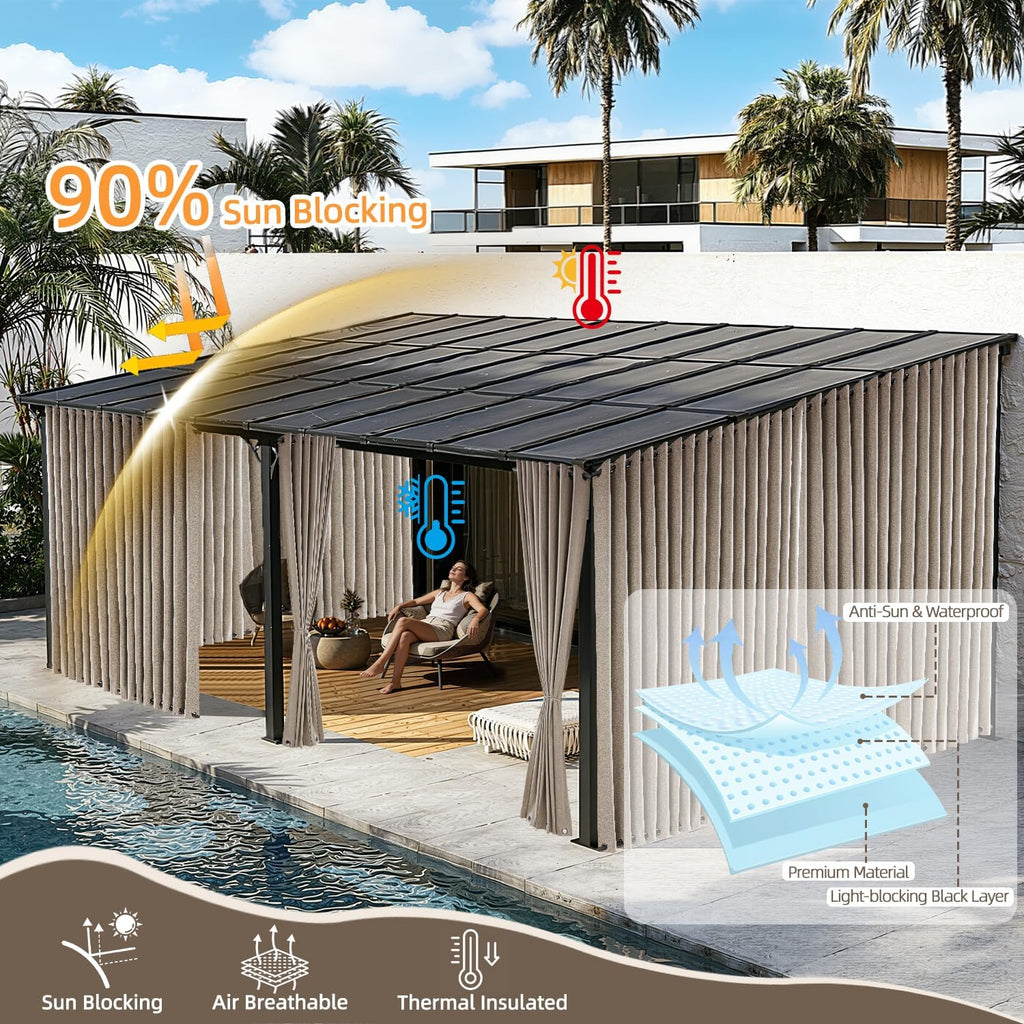 Waterproof Outdoor Curtains with Zipper 2 Panels Faux Linen Sun Blocking Blackout Privacy Patio Curtains Top & Bottom
