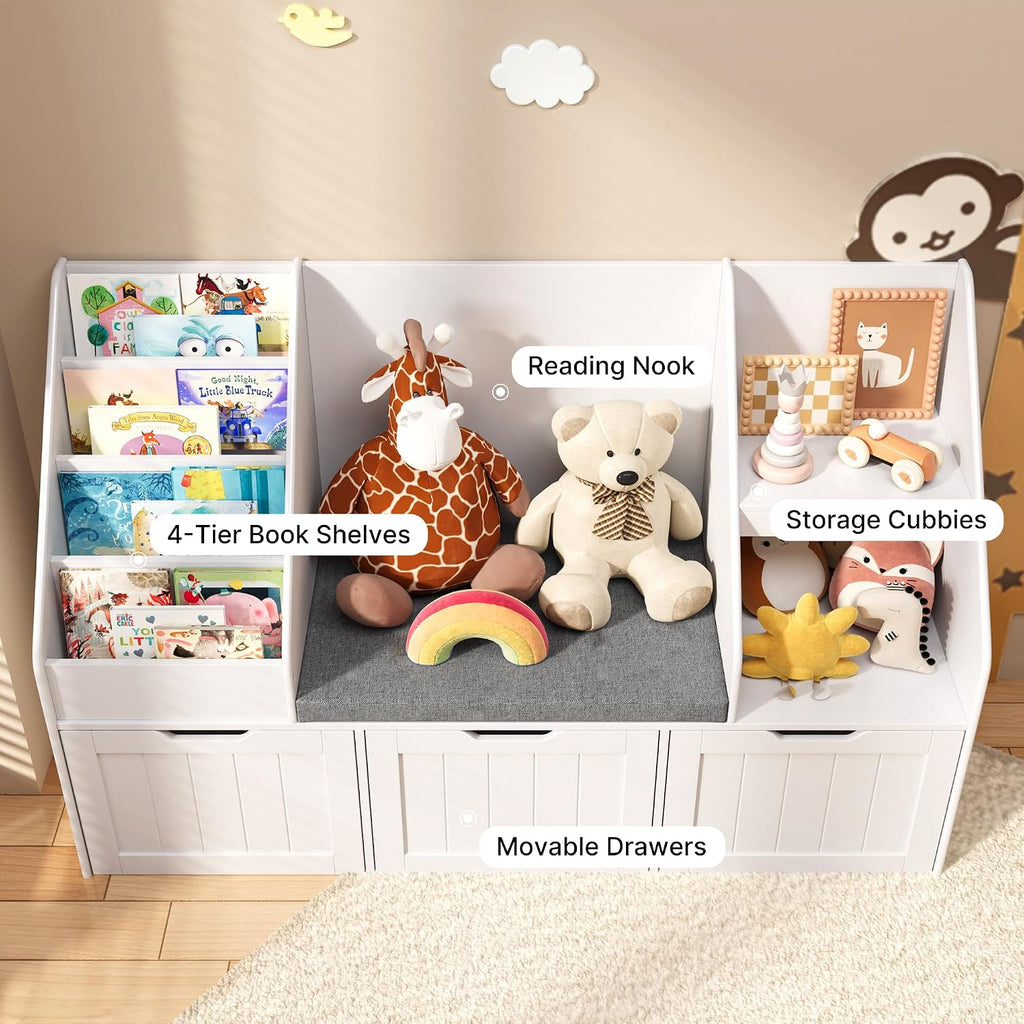 Kids Toy Storage Organizer with Reading Nook, Kids Bookshelf with 3 Movable Drawers, Kids Reading Nook with Bench for