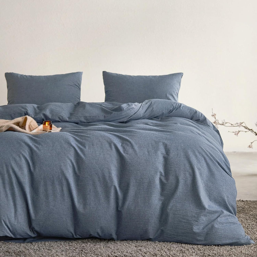 Cotton Duvet Cover Set, 100% Washed Cotton, Linen Like Textured, Breathable Durable Comfy Farmhouse Neutral Bedding