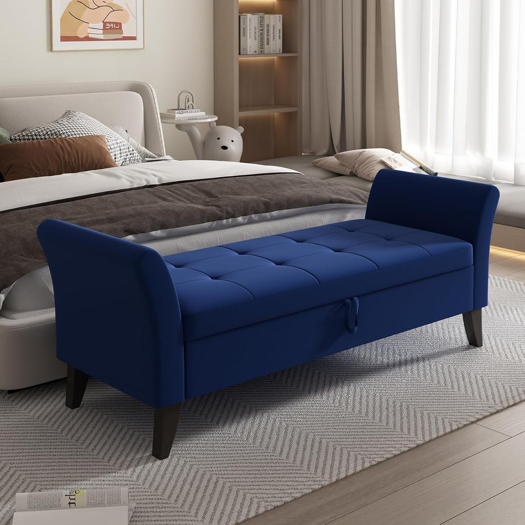 Storage Ottoman Bench, Velvet Benches End of Bed Bench with Solid Wood Legs Upholstered Ottoman with Storage Indoor