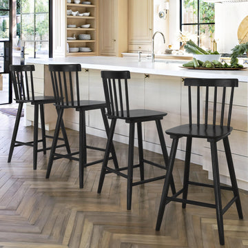 Windsor Wooden Bar Stools Set of 4 Island, Farmhouse 24 Inch Counter Height Stools Chairs with Spindle Back, Black