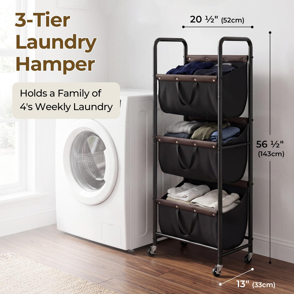 3 Tiered Laundry Sorter, Narrow Hamper Cart with Wheels