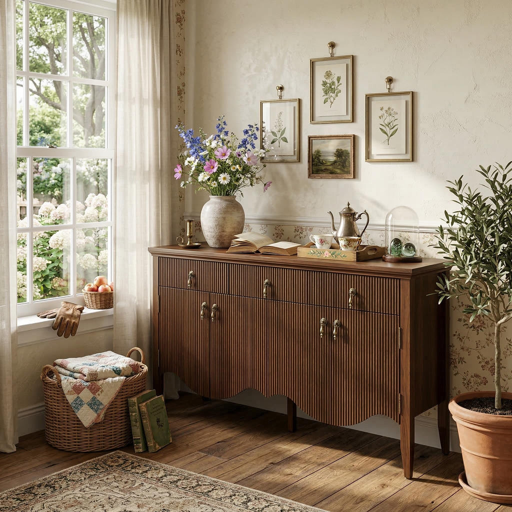 57" Fluted Sideboard Buffet, Retro Storage Cabinet, Walnut
