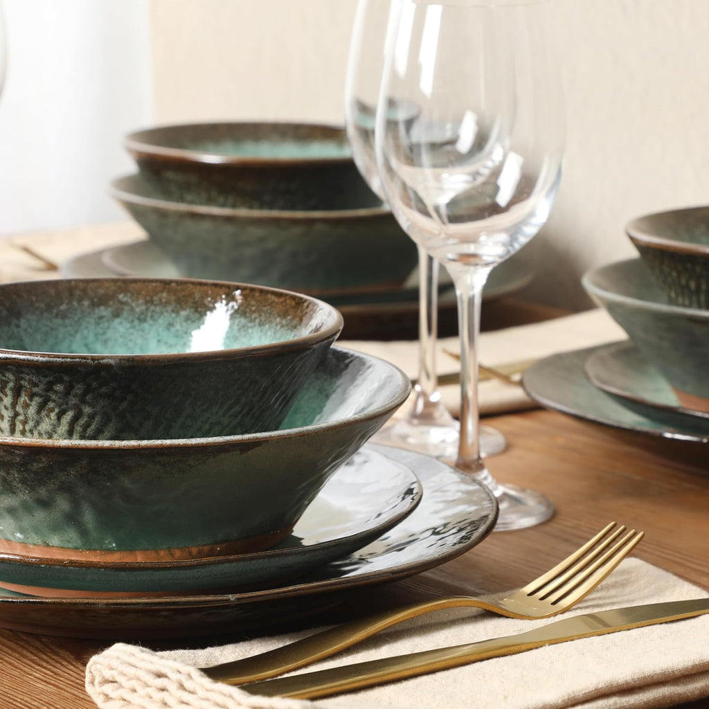 Green Lantern Service for 4 (16 Piece) Double Bowl Dinnerware Set, Teal, Soft Gray, Dinnerware Set