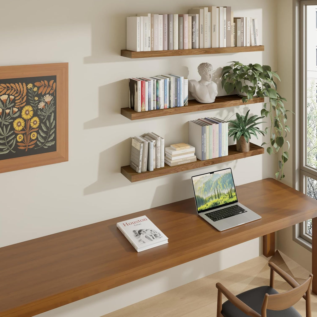 36 Inches Long Walnut Floating Shelves | Rustic Solid Wood Farmhouse Wall Shelves with Invisible Brackets Set of 3