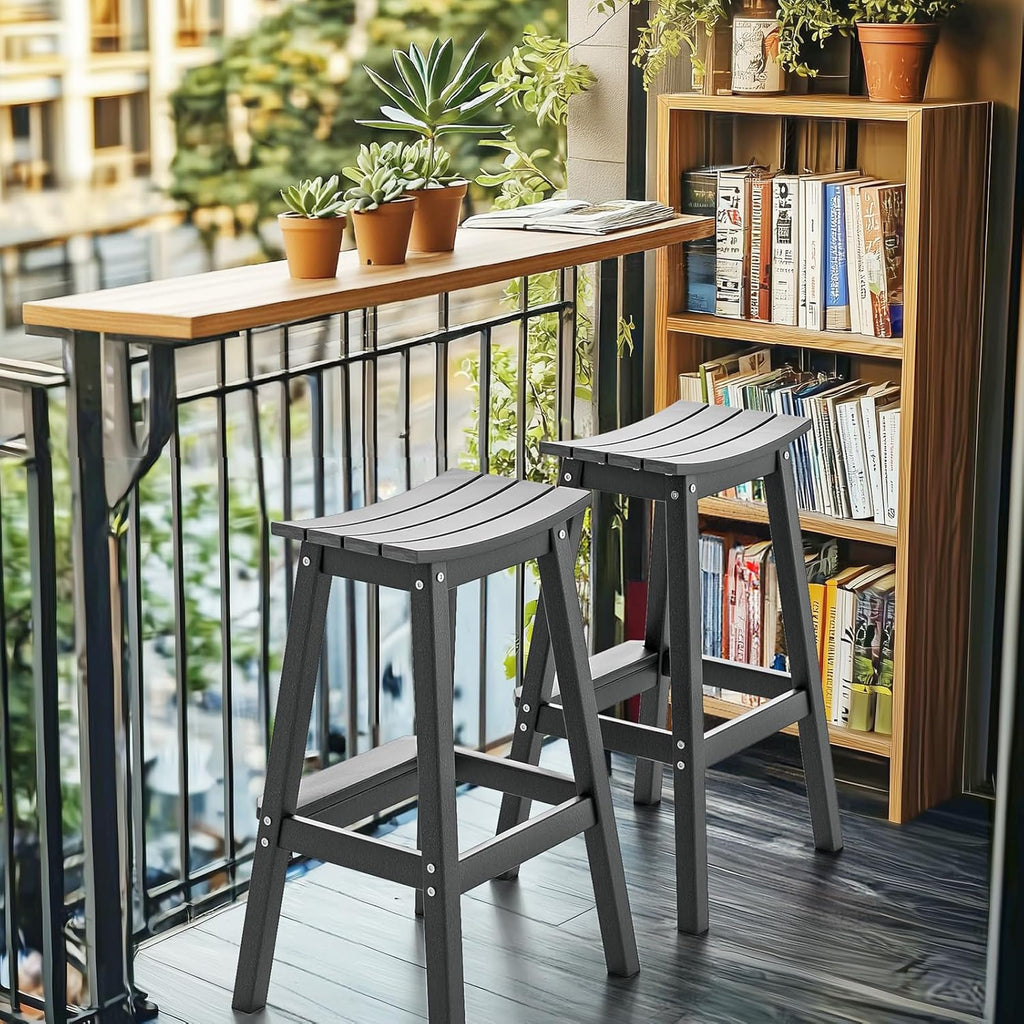29" Outdoor Bar Stools Set of 2, HDPE Poly Lumber Bar Chairs with Footrest, Weather Resistant Patio Barstools
