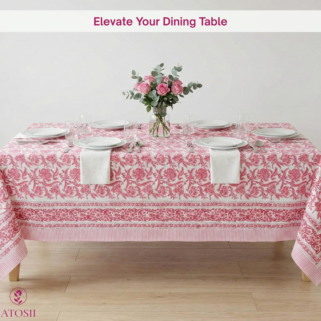 Cotton Blockprint Rectangle Table Cloth, Red Bloom, 90" X 60"