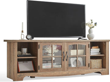 TV Stand for 75 Inch TV, Modern Farmhouse Entertainment Center with Storage Cabinets and Glass Doors, Tall Media