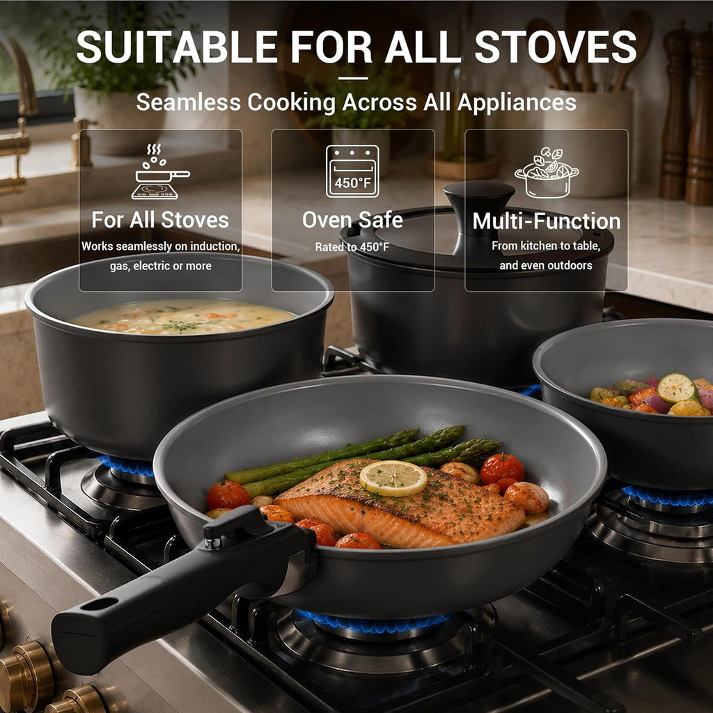 18-Piece Ceramic Pots and Pans Set Non Stick, Non Toxic Cookware Set with Removable Handles, Pot Sets for Cooking
