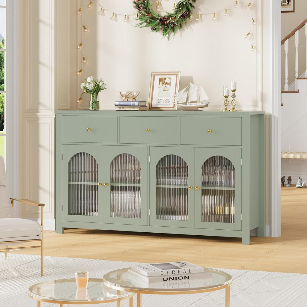 Buffet Cabinet with Storage, 55.1" Large Sideboard Buffet, Farmhouse Kitchen Cabinet with 3 Drawers and 4 Doors