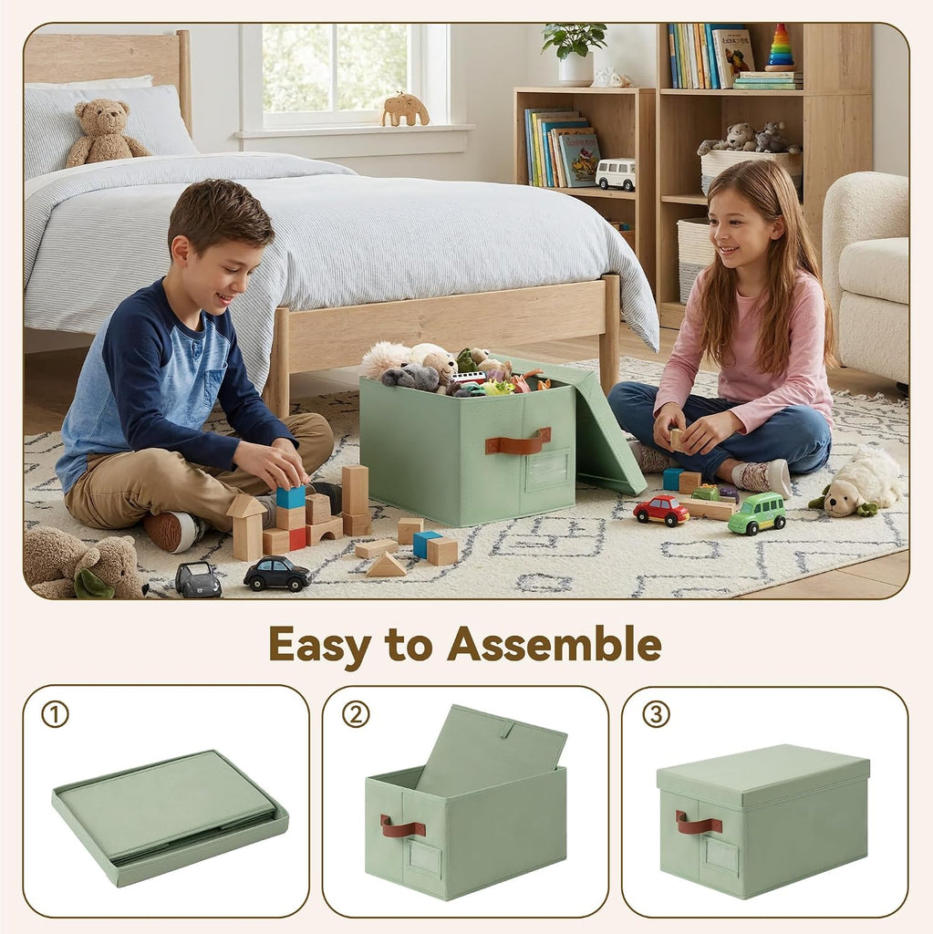 Storage Basket with Lid, Linen Fabric Storage Bins with Label, Decorative Storage Boxes, Clothes Storage and