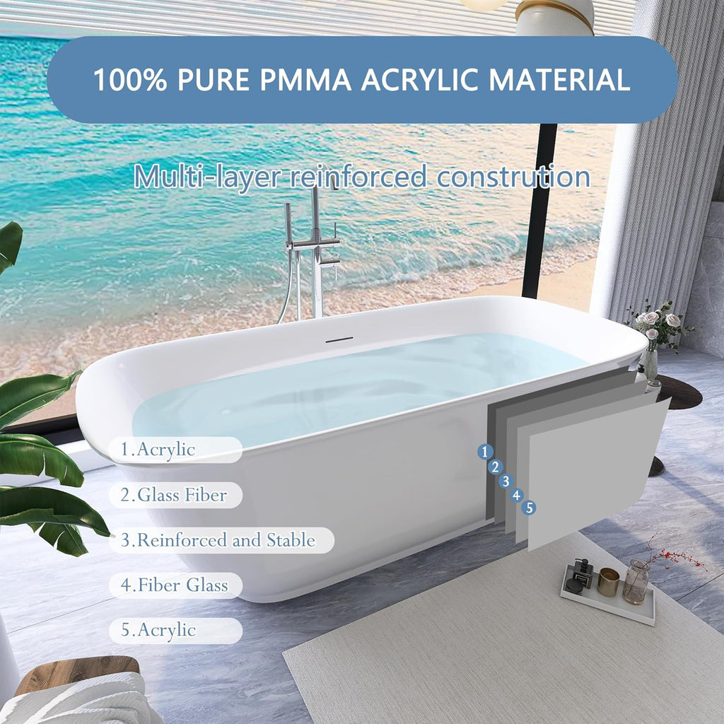 59" Free Standing Tub, Pure Acrylic Freestanding Bathtub, Stylish Stand Alone Contemporary Deep Soaking Bath Tub