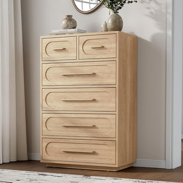 Natural 6 Drawer Dresser , 44" Tall Dressers & Chest of Drawers with Solid Wood Handles, Mid Century Modern Dresser