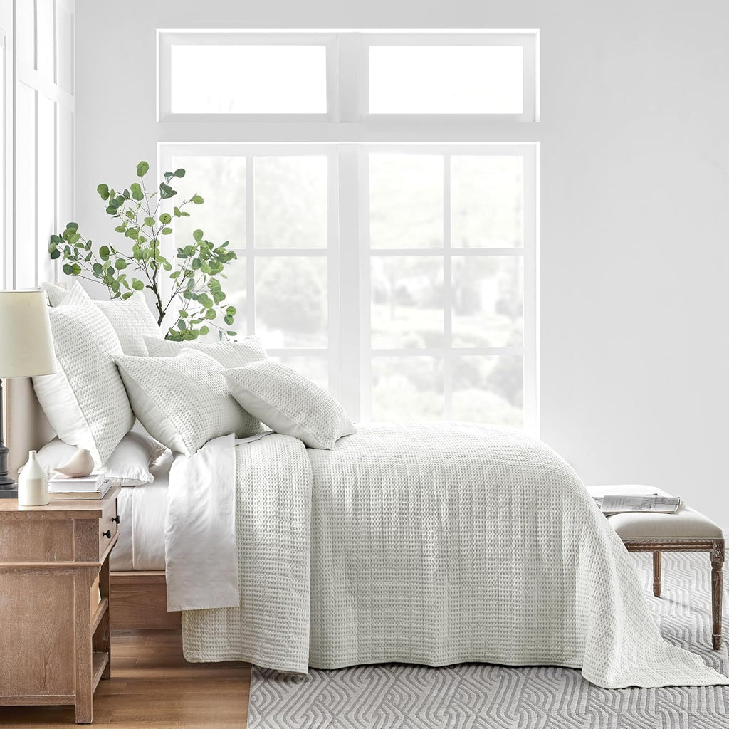 Bedspread Set with Pillow Shams - Cream - Cotton Waffle Bedspread Set