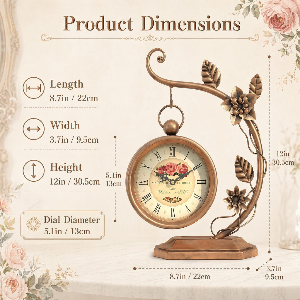 Floral Plant Desk Clock, Vintage Gold Table Clock with Leaf Pattern, Silent Non-Ticking Battery Operated Decorative