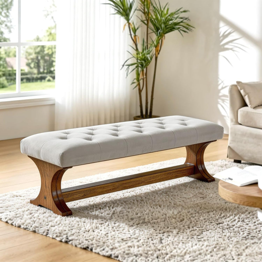 55" Upholstered End of Bed Bench, Solid Wood Tufted Entryway Bench, Farmhouse Ottoman with Cushion , Foot of Bed