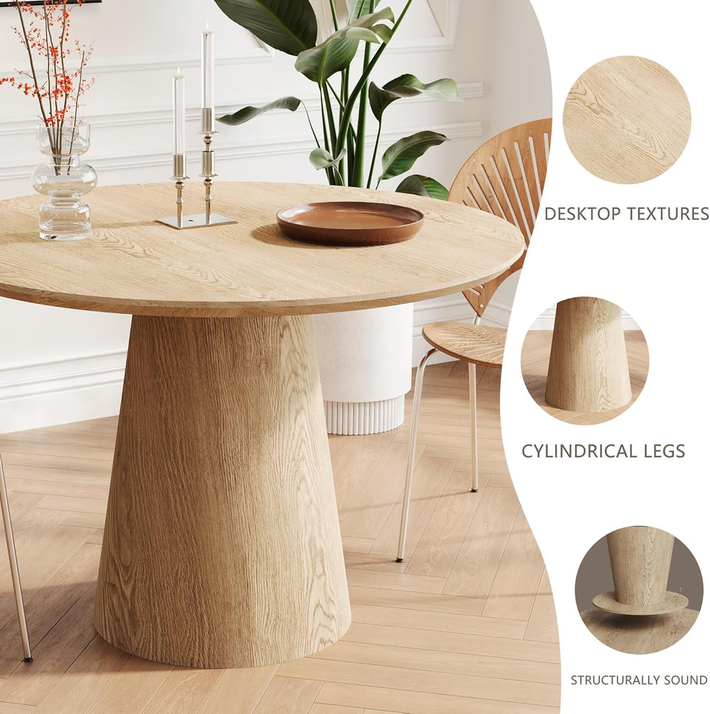 43" Round Dining Table for 4, Modern Natural Wood Grain Dining Table with Cone Wood Pedestal Base, Circle Dining Room