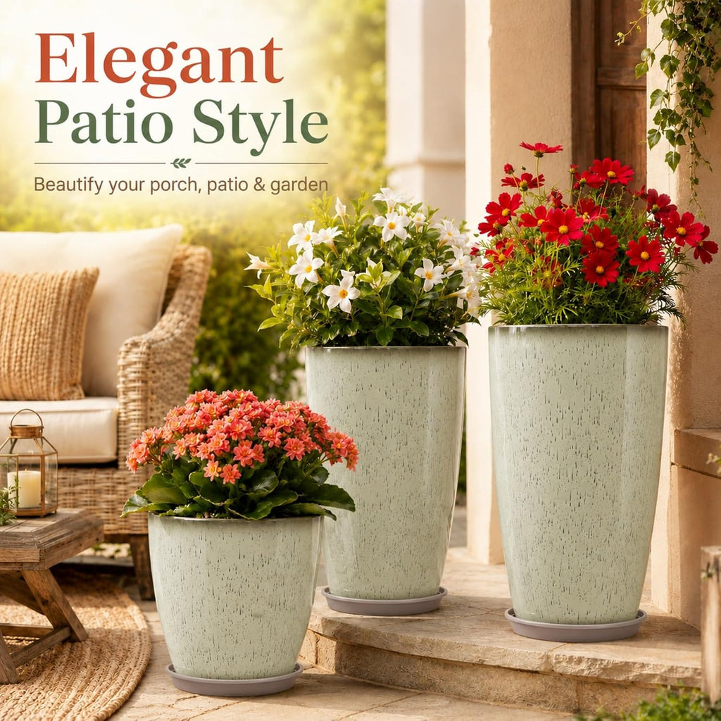 Set of 3 Tall Planter, 24/21/12in Large Planter, DripGlaze | Ceramic-Look, Lightweight, Built-in Drain Hole, Saucers