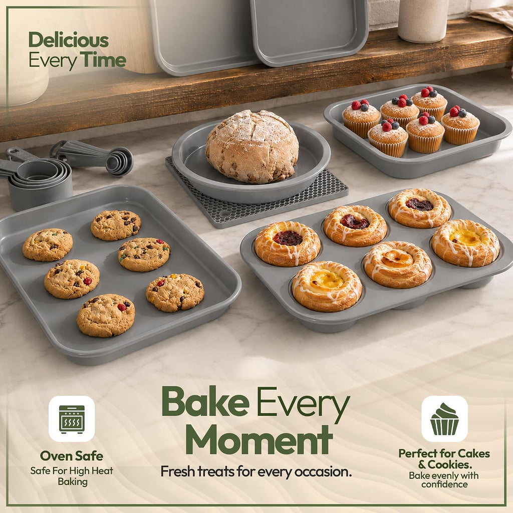 Non-Toxic 11-Piece All-in-One Nesting Bakeware Set - Space-Saving Stackable Nonstick Carbon Steel Pans Set