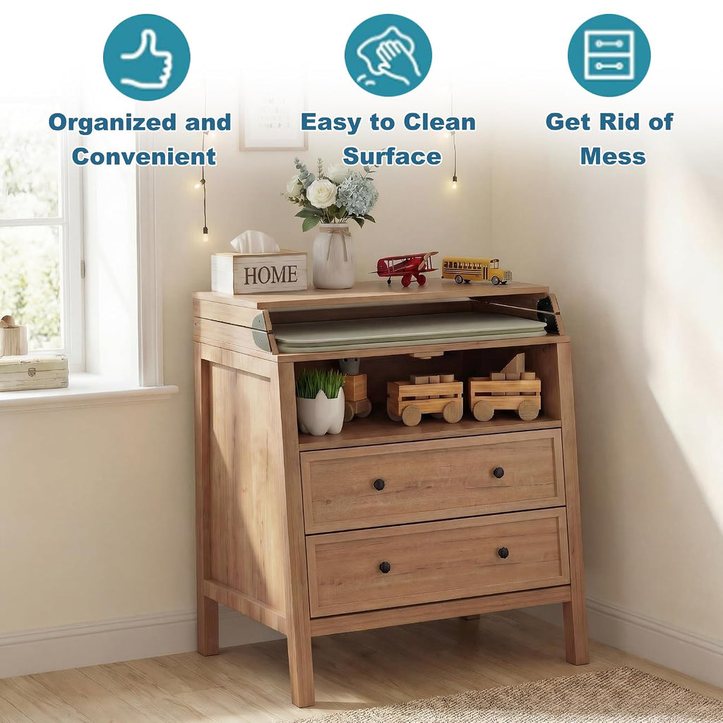 Changing Table Dresser with Foldable Tabletop, Baby Dresser with 2 Wide Drawers & Open Storage Space, Modern Diaper